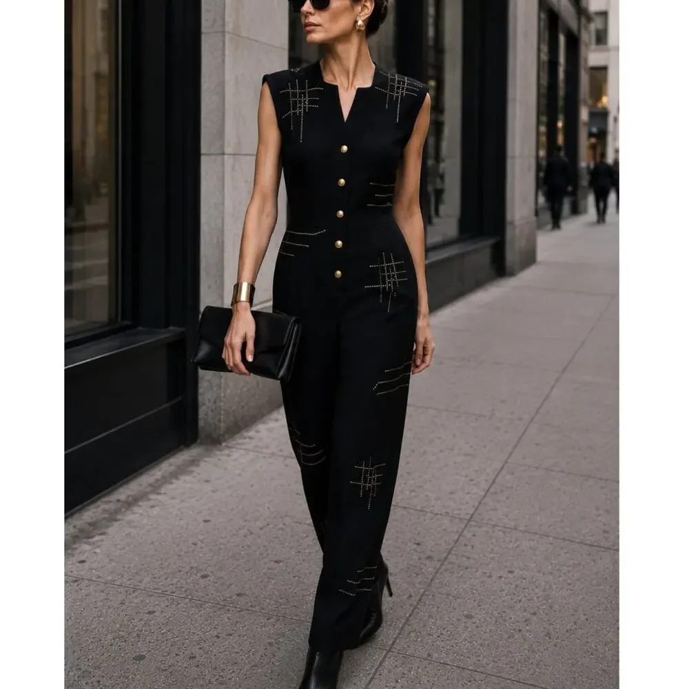 Jennifer Roberts Vintage Black Metallic Studded Jumpsuit one piece art wear S/M - Picture 1 of 14